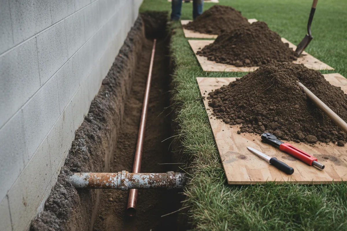 Excavated water line trench during Water Softener Installation in Venetia